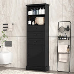 Meuble de rangement haut noir avec 3 tiroirs et étagères réglables pour salle de bain, en panneau MDF avec finition peinte