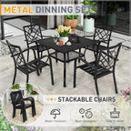 SUNCROWN Salon de jardin 5/7 pièces en acier avec table à lattes métalliques et chaises empilables Structure thermolaquée