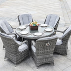 Ensemble de salle à manger rond 7 pièces en rotin tressé d'extérieur avec coussins par Moda Furnishings