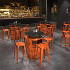 Tables de bar de rangement en fûts métalliques industriels noirs et orange