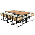 Ensemble de salle à manger d'extérieur 18 pièces en bois d'acacia, 8 chaises rembourrées, 8 poufs et 2 tables carrées