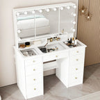 Coiffeuse avec miroir triptyque éclairage certifié et plateau en verre