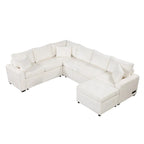 Canapé d'angle en chenille convertible, canapé-lit en forme de L avec pouf de rangement, 3 oreillers et dispositifs de charge