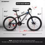 Vélo de montagne Okak 27,5 pouces avec double amortisseur avant et arrière, VTT 21 vitesses avec frein à disque mécanique, vélo adulte pour hommes et femmes
