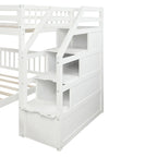 Lit mezzanine double sur lit double en bois avec escalier, balustrades hautes et échelle
