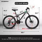Vélo de montagne Okak 27,5 pouces avec double amortisseur avant et arrière, VTT 21 vitesses avec frein à disque mécanique, vélo adulte pour hommes et femmes